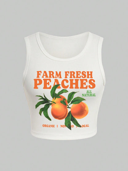 IslaSuriya Summer Casual Orange/Letter Printed Tank Top FARM FRESH PEACHES ORGANIC I NON 10 LOCAL