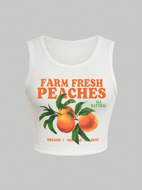 IslaSuriya Summer Casual Orange/Letter Printed Tank Top FARM FRESH PEACHES ORGANIC I NON 10 LOCAL