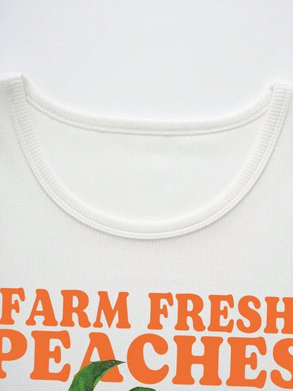 IslaSuriya Summer Casual Orange/Letter Printed Tank Top FARM FRESH PEACHES ORGANIC I NON 10 LOCAL