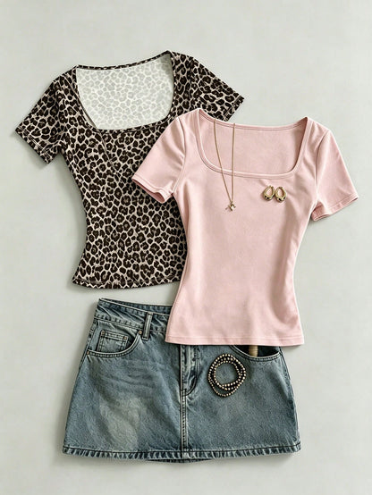 IslaSuriya Two Pieces Pink Square Neck Leopard Print Slim T-Shirt, Fashionable Square Neck Slim Short-Sleeve T-Shirt, T-Shirt, Fashionable T-Shirt, Ideal Gift For Siblings, Perfect Gift For Sisters, M