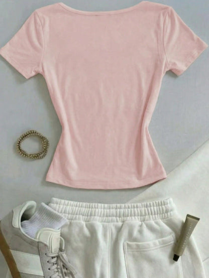 IslaSuriya Two Pieces Pink Square Neck Leopard Print Slim T-Shirt, Fashionable Square Neck Slim Short-Sleeve T-Shirt, T-Shirt, Fashionable T-Shirt, Ideal Gift For Siblings, Perfect Gift For Sisters, M