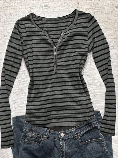 IslaSuriya Women's Casual Button Half-Placket Striped Long Sleeve T-Shirt