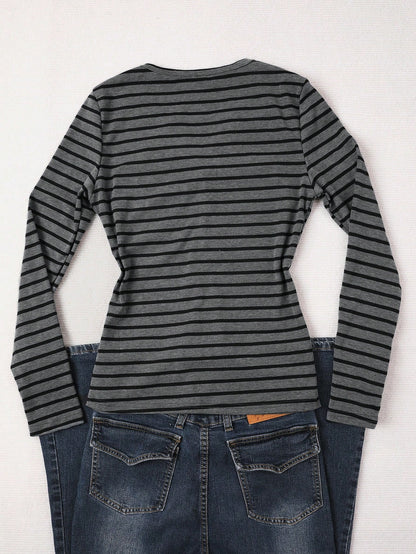 IslaSuriya Women's Casual Button Half-Placket Striped Long Sleeve T-Shirt