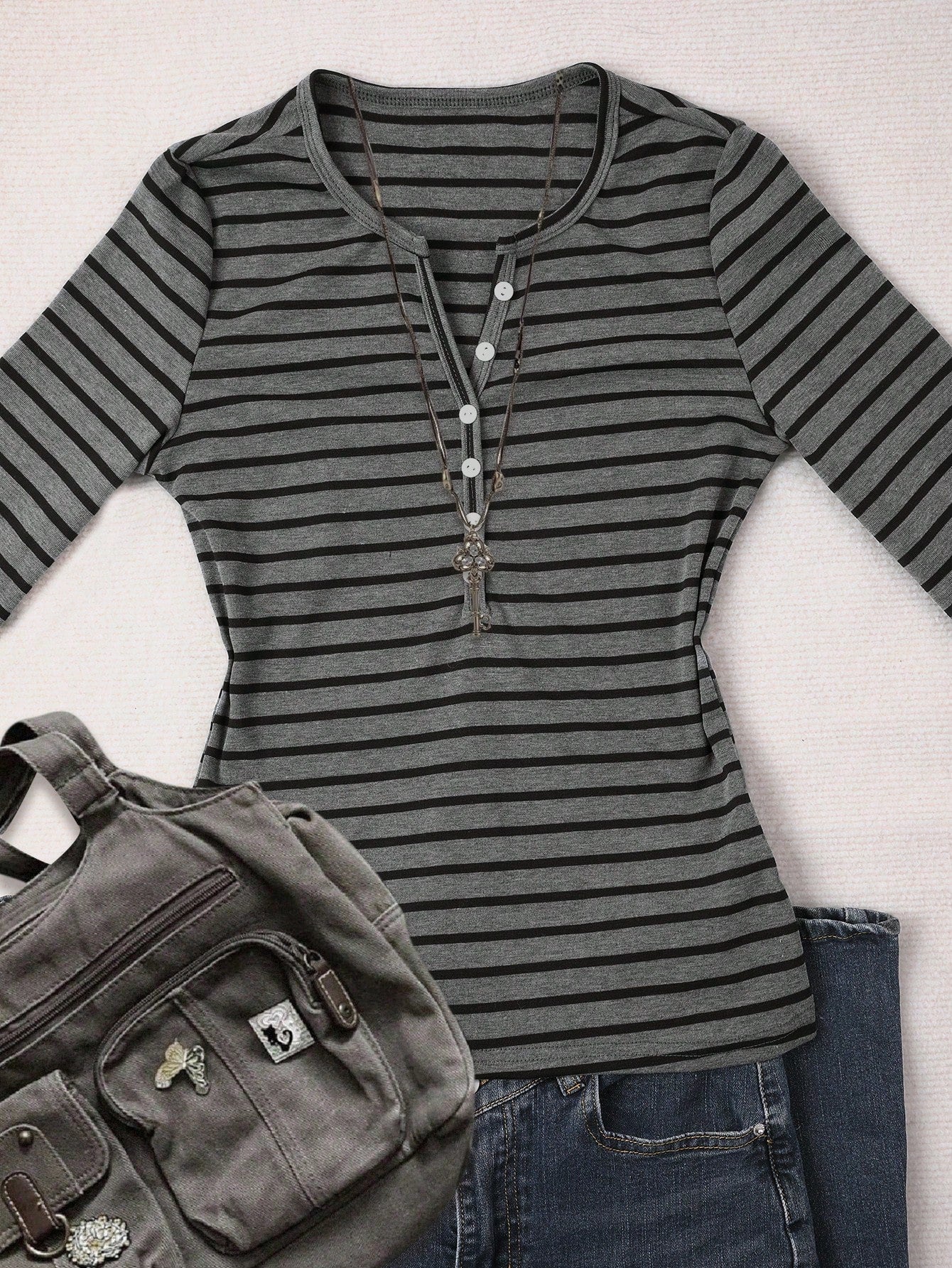 IslaSuriya Women's Casual Button Half-Placket Striped Long Sleeve T-Shirt