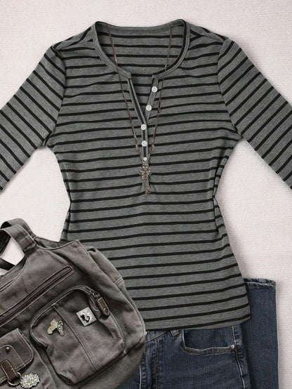 IslaSuriya Women's Casual Button Half-Placket Striped Long Sleeve T-Shirt