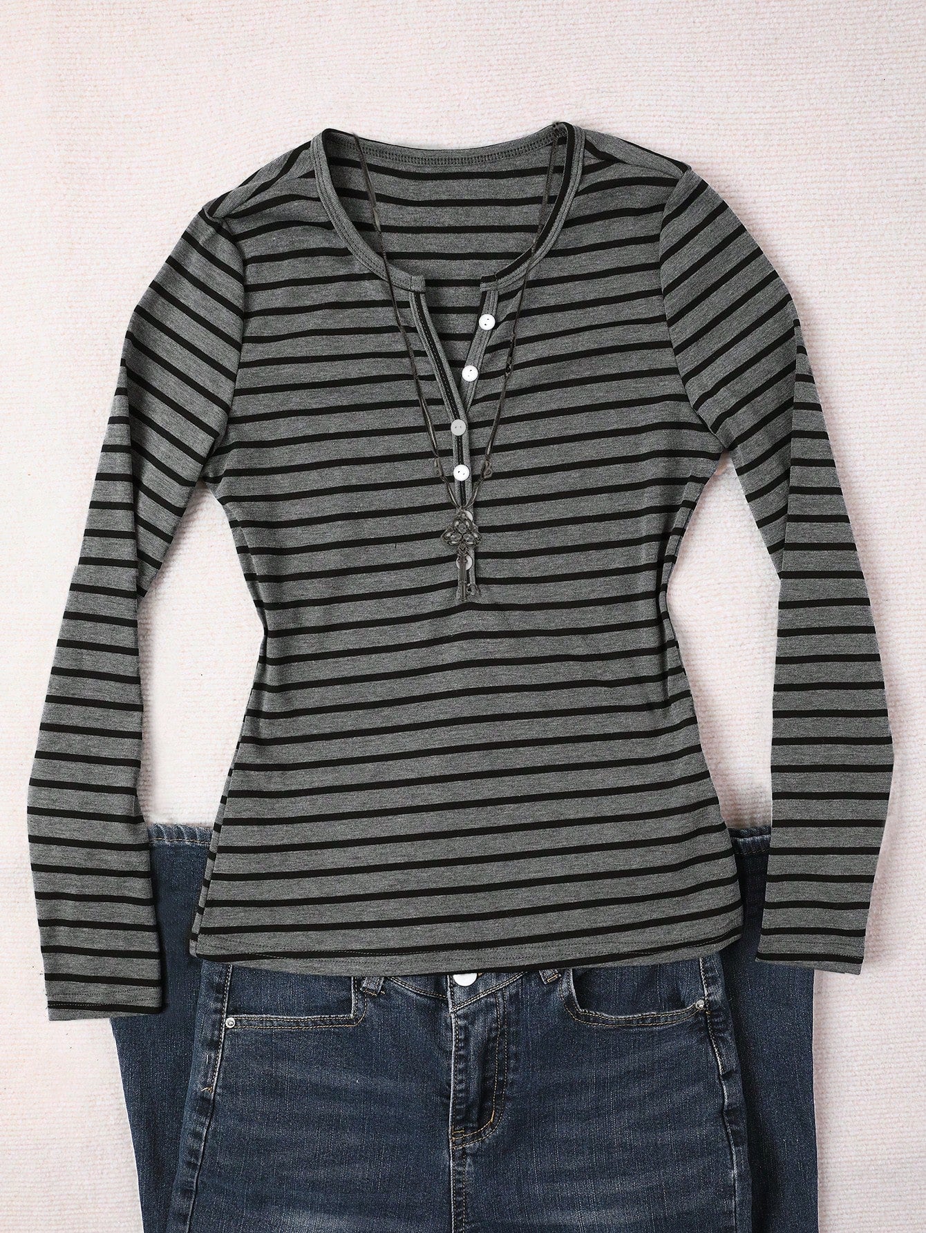 IslaSuriya Women's Casual Button Half-Placket Striped Long Sleeve T-Shirt