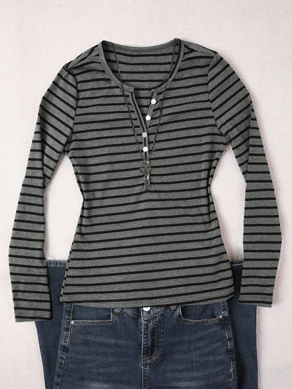 IslaSuriya Women's Casual Button Half-Placket Striped Long Sleeve T-Shirt