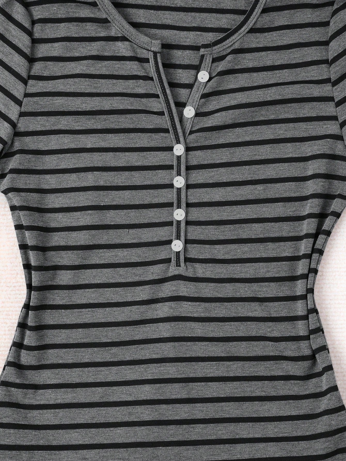 IslaSuriya Women's Casual Button Half-Placket Striped Long Sleeve T-Shirt