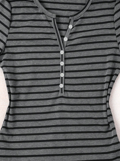 IslaSuriya Women's Casual Button Half-Placket Striped Long Sleeve T-Shirt