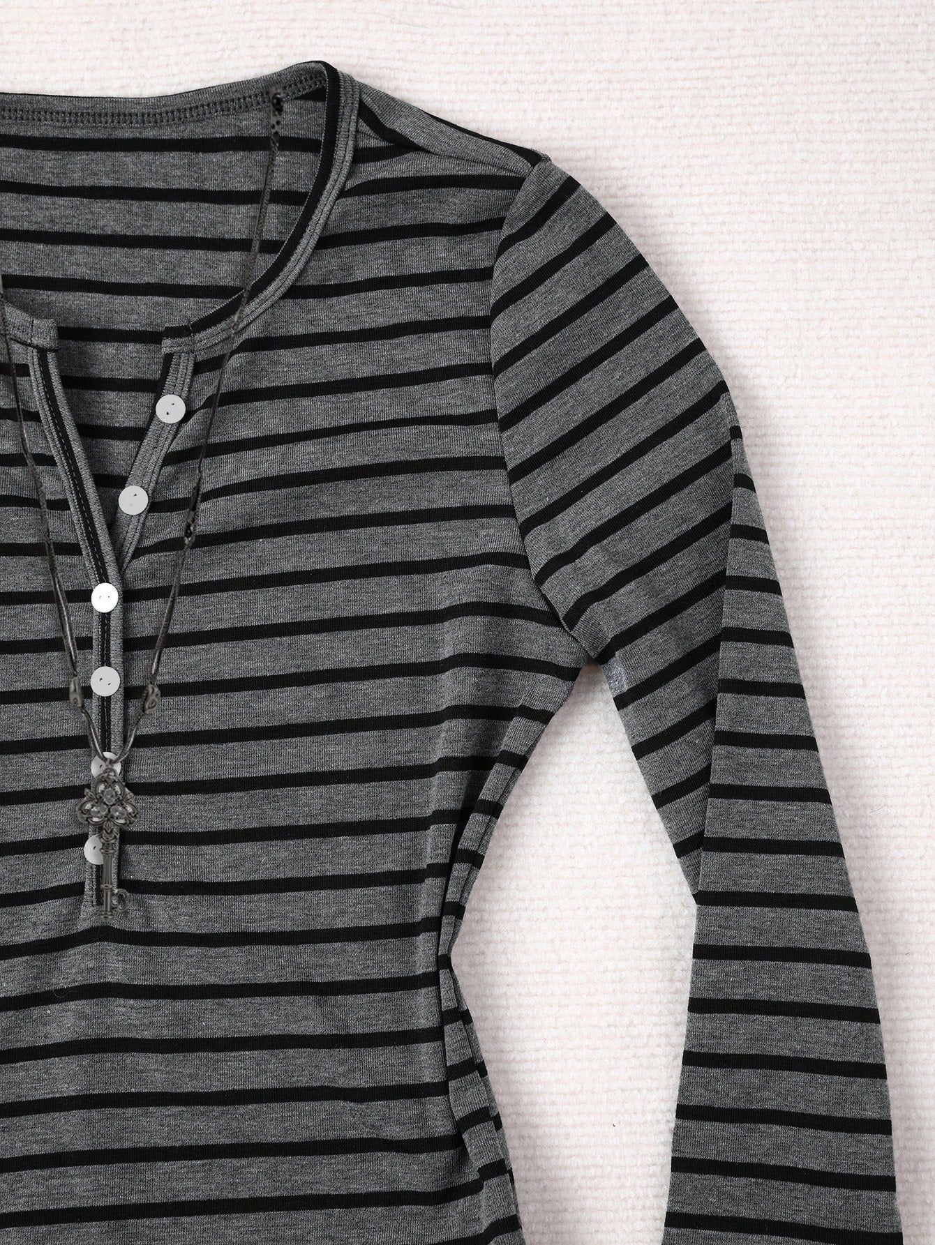 IslaSuriya Women's Casual Button Half-Placket Striped Long Sleeve T-Shirt