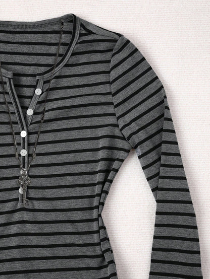 IslaSuriya Women's Casual Button Half-Placket Striped Long Sleeve T-Shirt