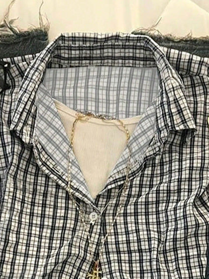IslaSuriya Women's Casual Comfortable Shirt/ Fashion Plaid & Striped Color-Block Single-Buckle Shirt/ Casual Style/ Daily Wear/ Summer
