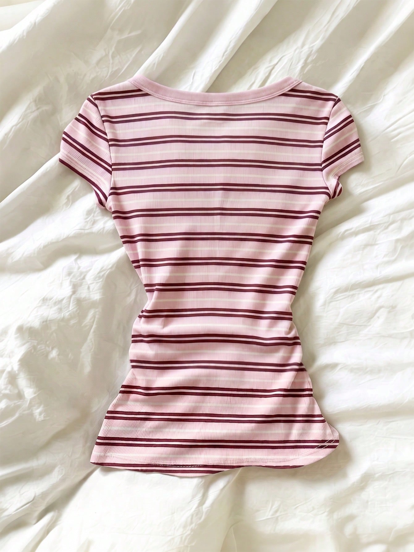 IslaSuriya Women's Casual Striped Quarter Button Fitted Short Sleeve T-Shirt, Summer