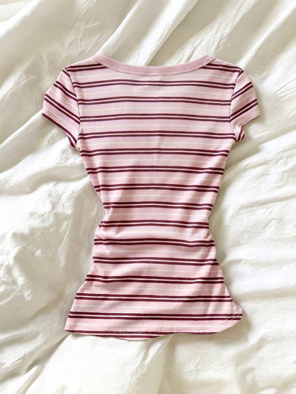 IslaSuriya Women's Casual Striped Quarter Button Fitted Short Sleeve T-Shirt, Summer
