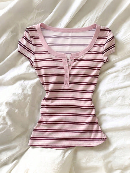 IslaSuriya Women's Casual Striped Quarter Button Fitted Short Sleeve T-Shirt, Summer