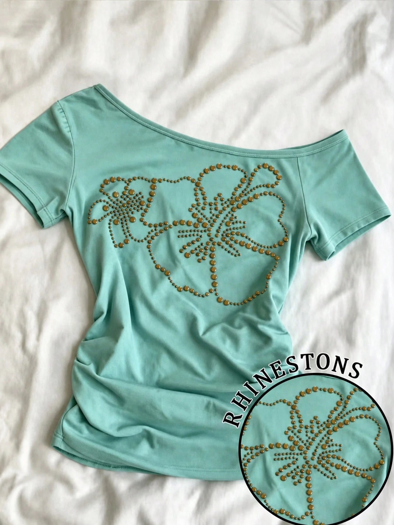 IslaSuriya Women's Fashion Rivet & Floral Pattern Asymmetrical Shoulder Tight Short Sleeve T-Shirt, Summer