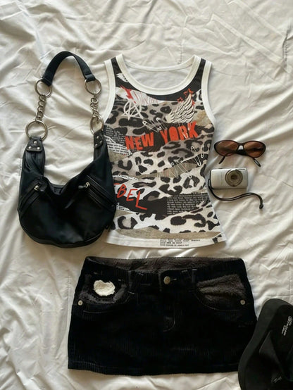 IslaSuriya Women's Leopard Print Slogan Patchwork Casual Round Neck Tank Top