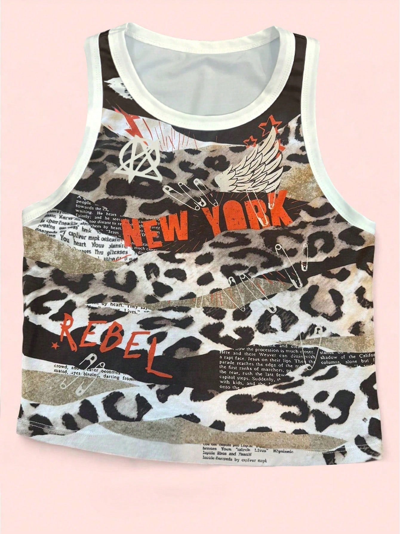 IslaSuriya Women's Leopard Print Slogan Patchwork Casual Round Neck Tank Top