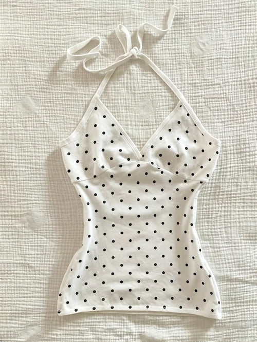 IslaSuriya Women's Polka Dot Print Fashion Halter Neck Tie Strap Tank Top