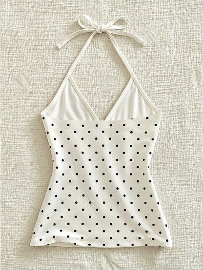 IslaSuriya Women's Polka Dot Print Fashion Halter Neck Tie Strap Tank Top