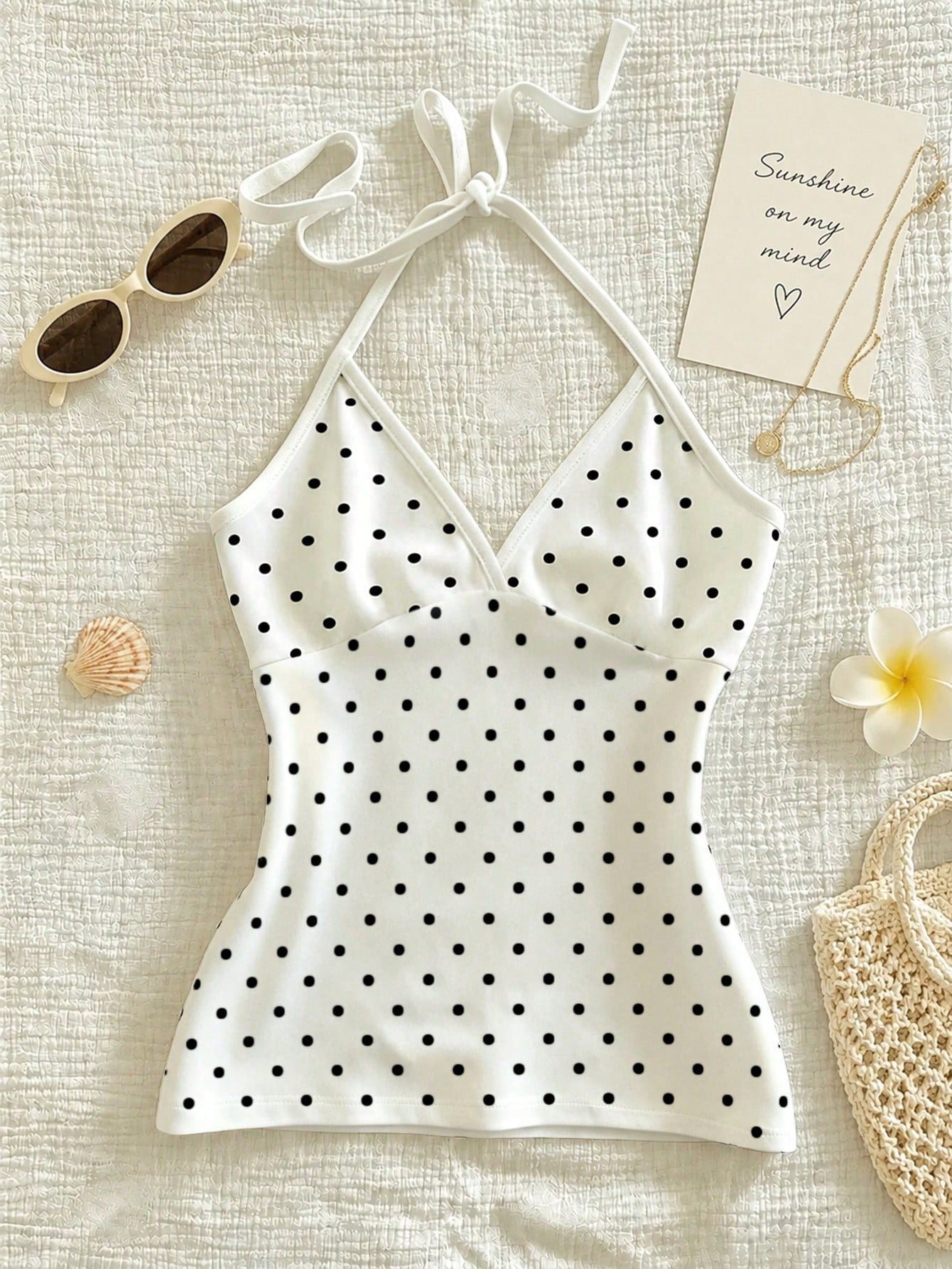 IslaSuriya Women's Polka Dot Print Fashion Halter Neck Tie Strap Tank Top
