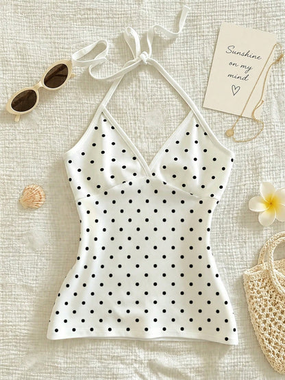 IslaSuriya Women's Polka Dot Print Fashion Halter Neck Tie Strap Tank Top