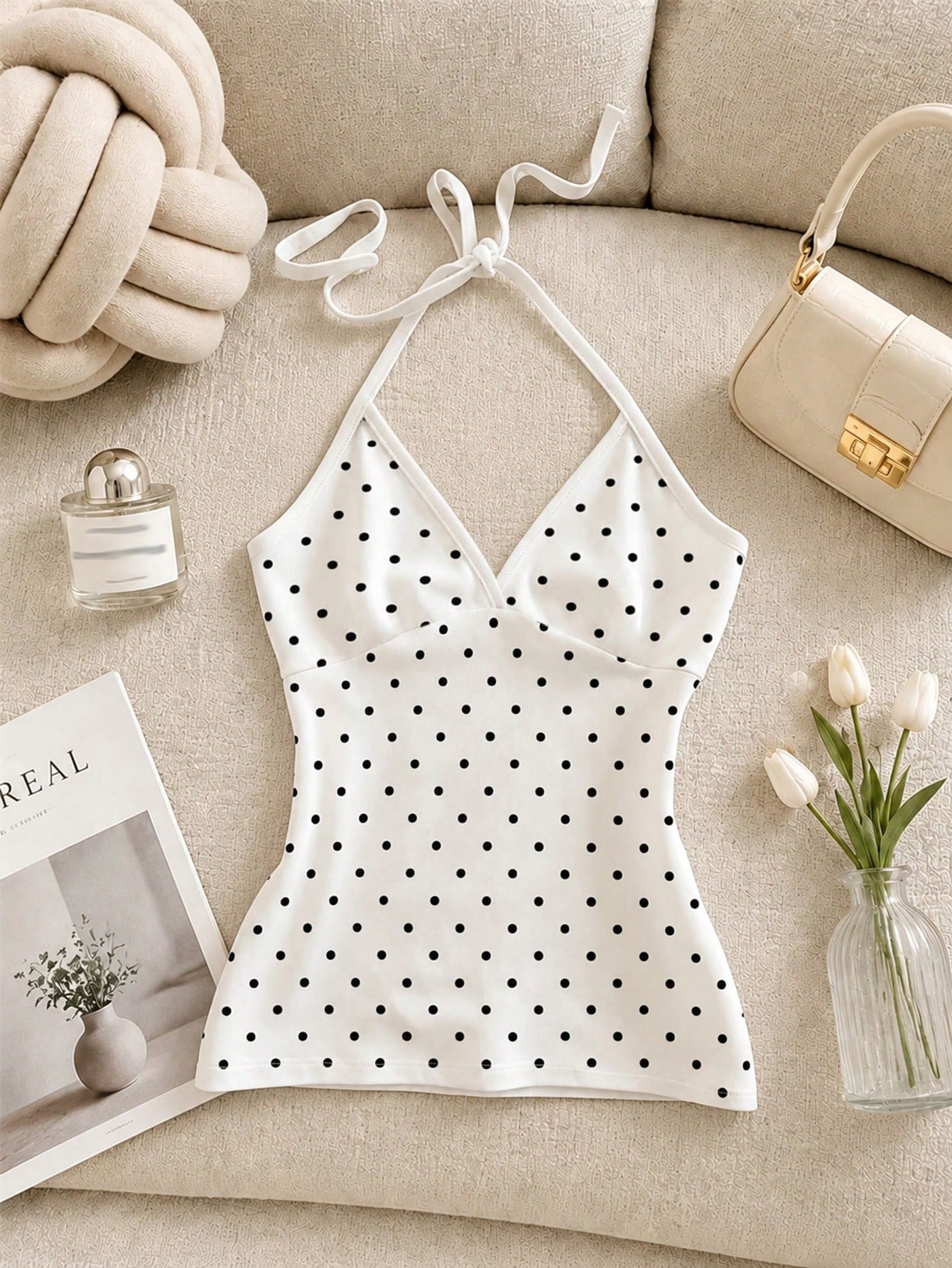 IslaSuriya Women's Polka Dot Print Fashion Halter Neck Tie Strap Tank Top
