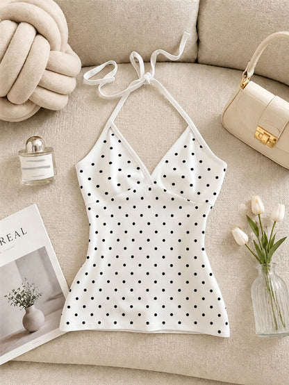 IslaSuriya Women's Polka Dot Print Fashion Halter Neck Tie Strap Tank Top