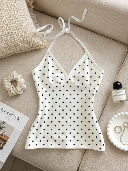 IslaSuriya Women's Polka Dot Print Fashion Halter Neck Tie Strap Tank Top