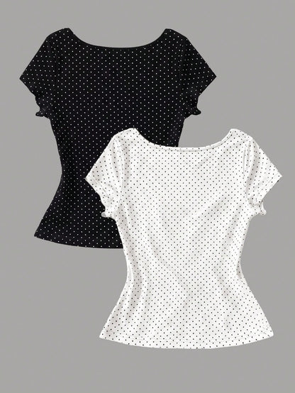 IslaSuriya Women's Summer Casual Polka Dot Print Knot T-Shirt
