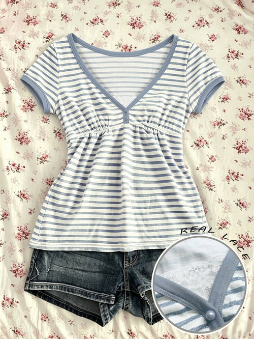 IslaSuriya Women's Summer Fashion Casual Retro Y2K Babydoll Striped V-Neck Peplum Short Sleeve T-Shirt