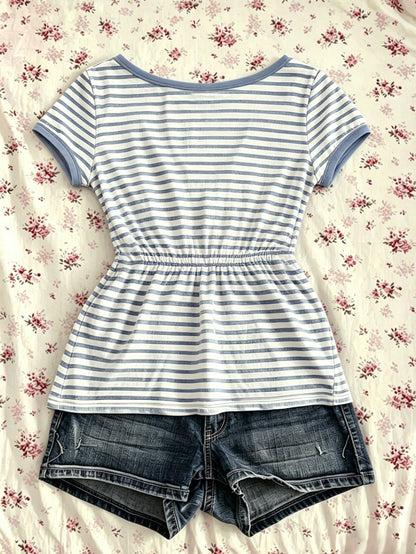 IslaSuriya Women's Summer Fashion Casual Retro Y2K Babydoll Striped V-Neck Peplum Short Sleeve T-Shirt