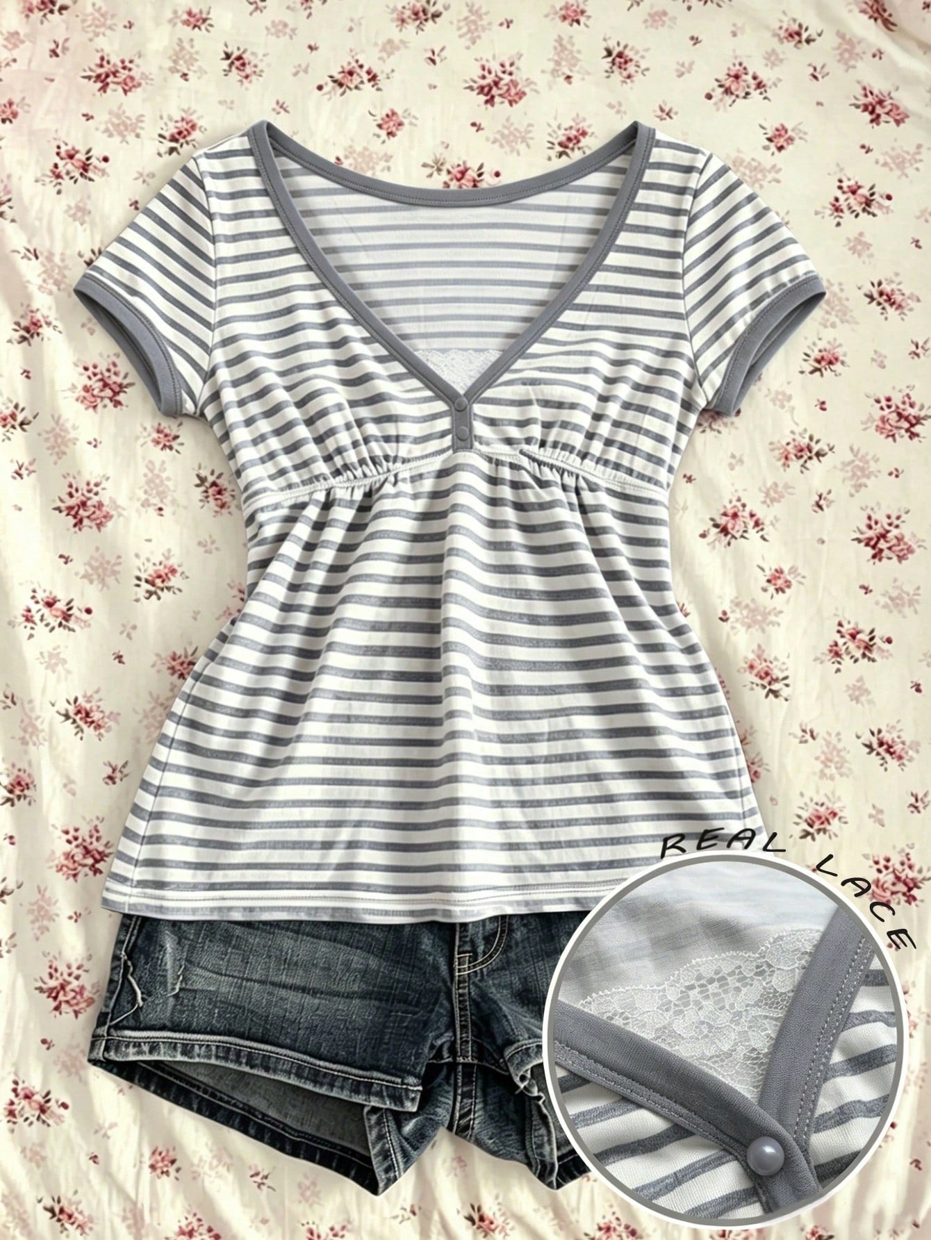 IslaSuriya Women's Summer Fashion Casual Retro Y2K Babydoll Striped V-Neck Peplum Short Sleeve T-Shirt