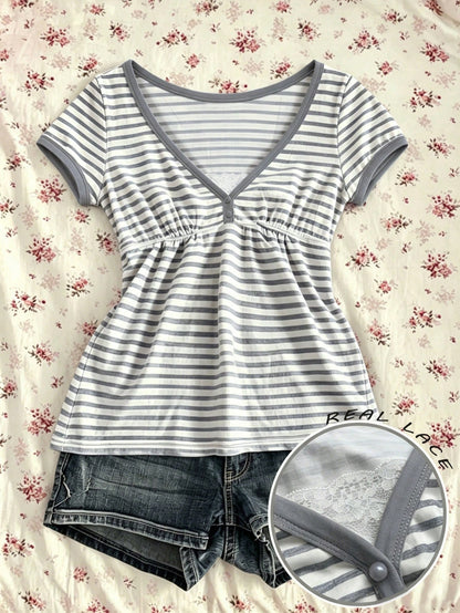 IslaSuriya Women's Summer Fashion Casual Retro Y2K Babydoll Striped V-Neck Peplum Short Sleeve T-Shirt