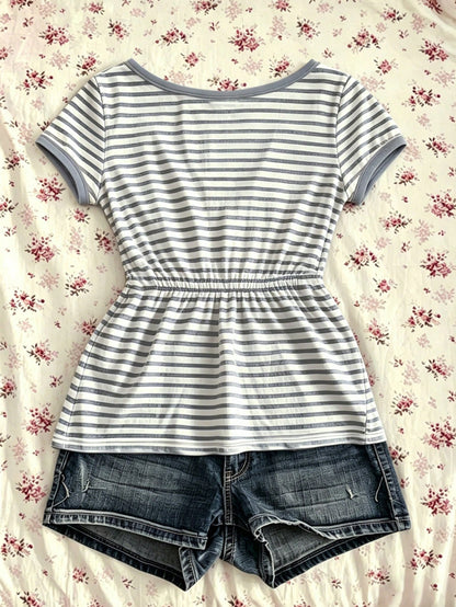 IslaSuriya Women's Summer Fashion Casual Retro Y2K Babydoll Striped V-Neck Peplum Short Sleeve T-Shirt