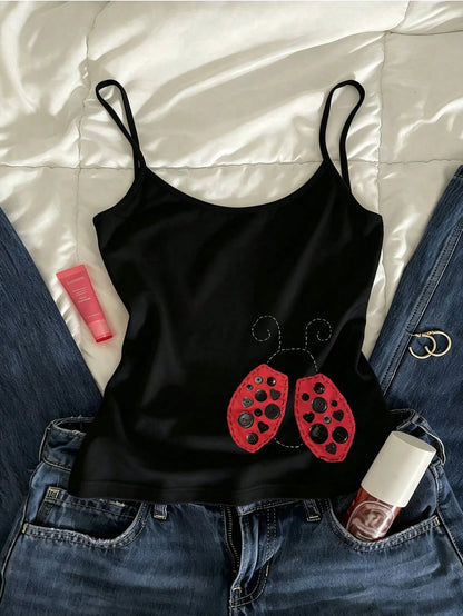 IslaSuriya Women's Summer Y2K Casual Cute Black Red Ladybug Graphic Print Spaghetti Strap Cami Top 2026