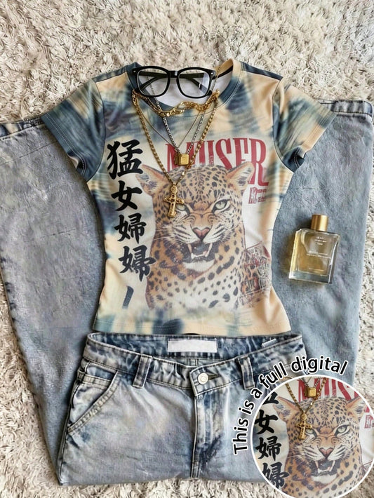 IslaSuriya Women's Vintage Street Style Tie-Dye Leopard Letter Print Cropped Fitted T-Shirt, Midriff-Baring Sexy Casual Short Sleeve Top