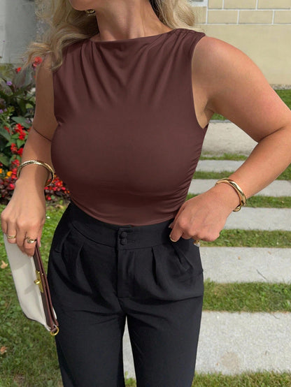 Jeta Ari Solid Color Pleated Round Neck Fitted Summer Fashion Tank Top