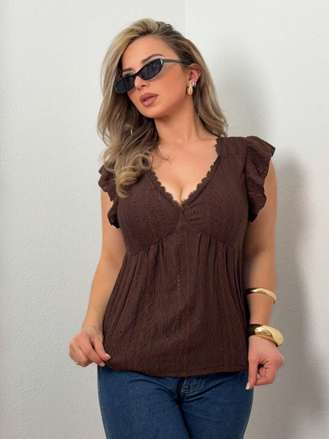 Jeta Ari Summer Beach Holiday Jacquard Knit Cap Sleeve T-Shirt