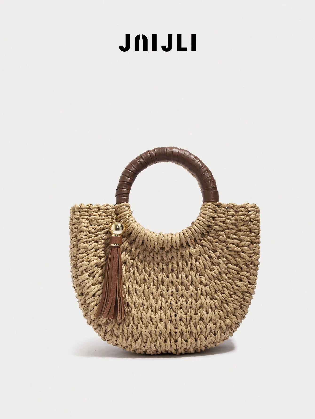 JNIJLI Natural Straw Ring Hand Bolso Bandolera Leather Tassel Pendant Women Summer Beach Vacation Mini Shoulder Hand Purse