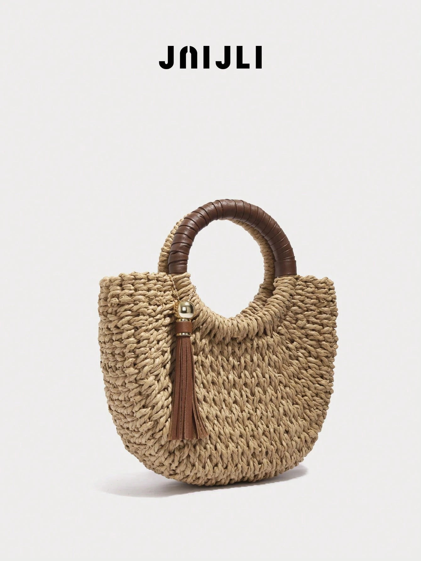 JNIJLI Natural Straw Ring Hand Bolso Bandolera Leather Tassel Pendant Women Summer Beach Vacation Mini Shoulder Hand Purse