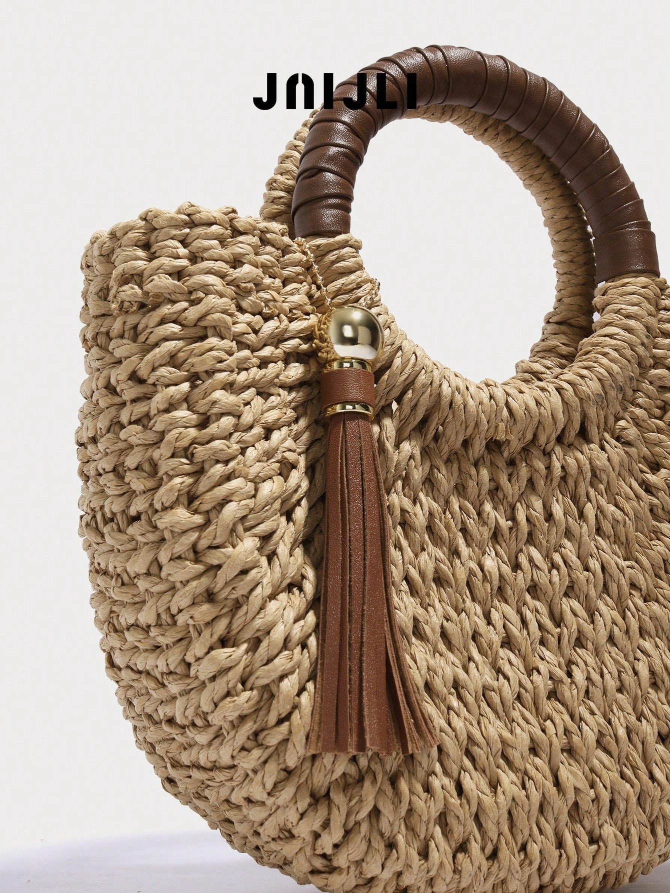 JNIJLI Natural Straw Ring Hand Bolso Bandolera Leather Tassel Pendant Women Summer Beach Vacation Mini Shoulder Hand Purse