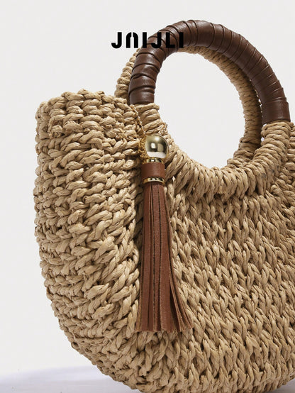 JNIJLI Natural Straw Ring Hand Bolso Bandolera Leather Tassel Pendant Women Summer Beach Vacation Mini Shoulder Hand Purse