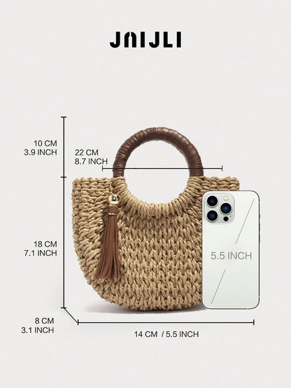 JNIJLI Natural Straw Ring Hand Bolso Bandolera Leather Tassel Pendant Women Summer Beach Vacation Mini Shoulder Hand Purse