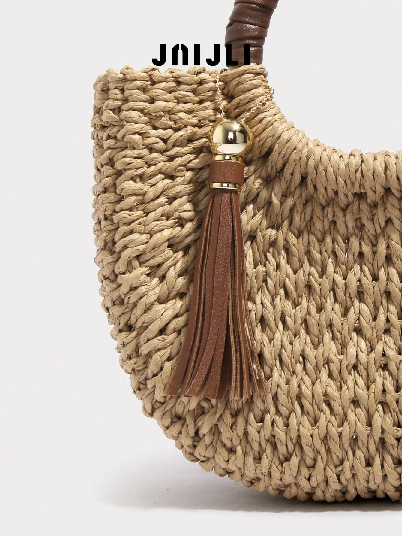 JNIJLI Natural Straw Ring Hand Bolso Bandolera Leather Tassel Pendant Women Summer Beach Vacation Mini Shoulder Hand Purse