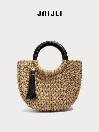 JNIJLI Natural Straw Ring Hand Bolso Bandolera Leather Tassel Pendant Women Summer Beach Vacation Mini Shoulder Hand Purse