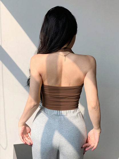 Joudiya Women's Fashion Brown Slim Fit Cropped Spaghetti Strap Backless Tank Top, Spring Summer