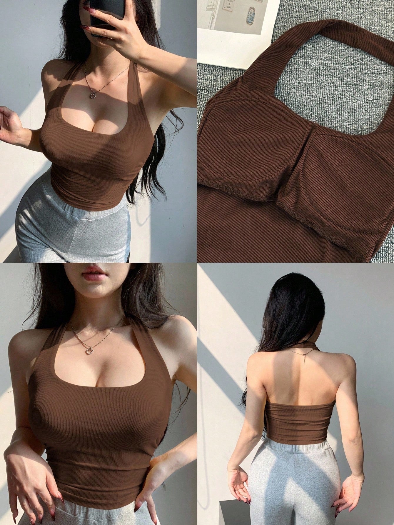 Joudiya Women's Fashion Brown Slim Fit Cropped Spaghetti Strap Backless Tank Top, Spring Summer