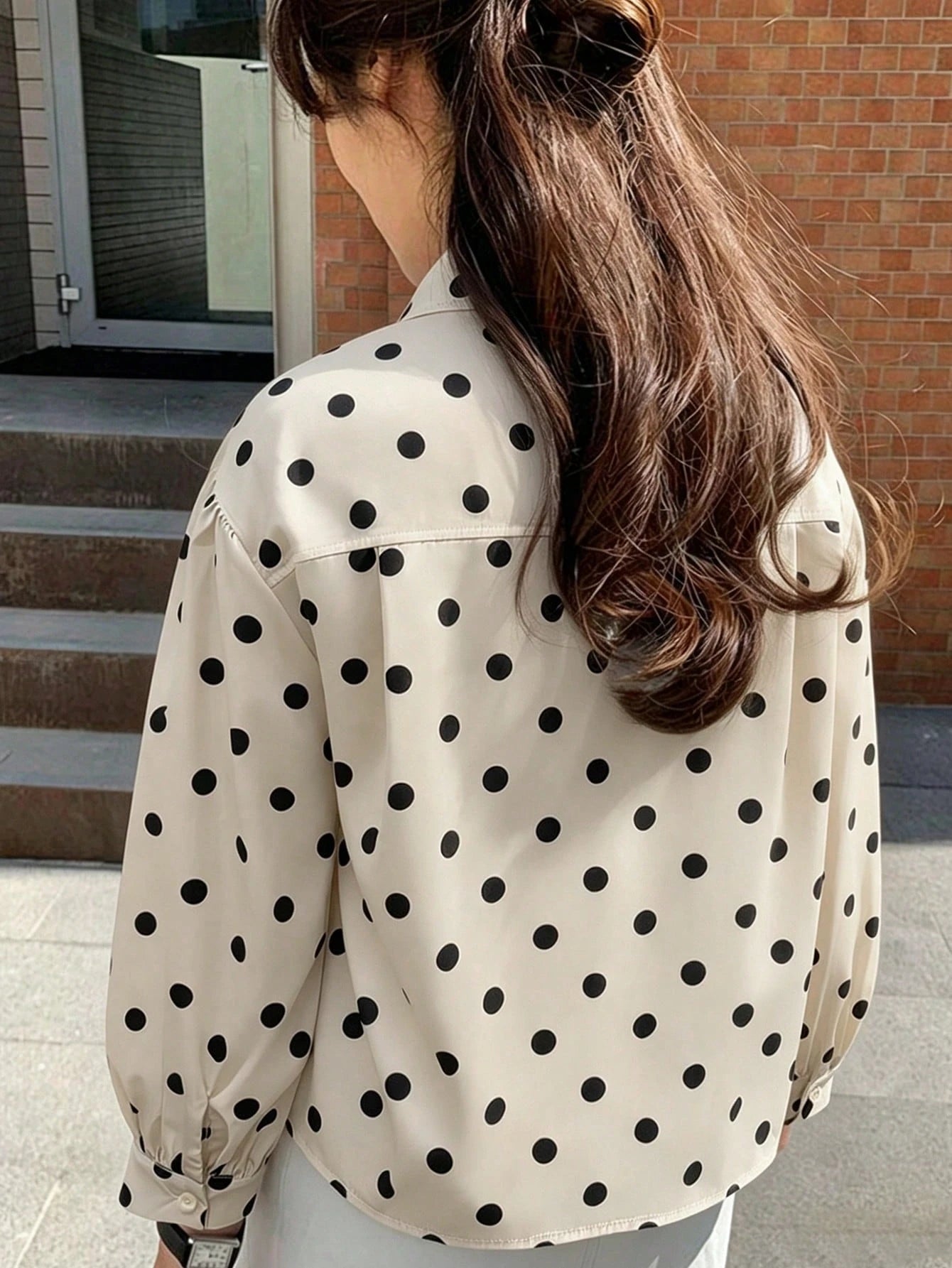 Jouncy Women's Loose Short Polka Dot Print Long Sleeve Shirt