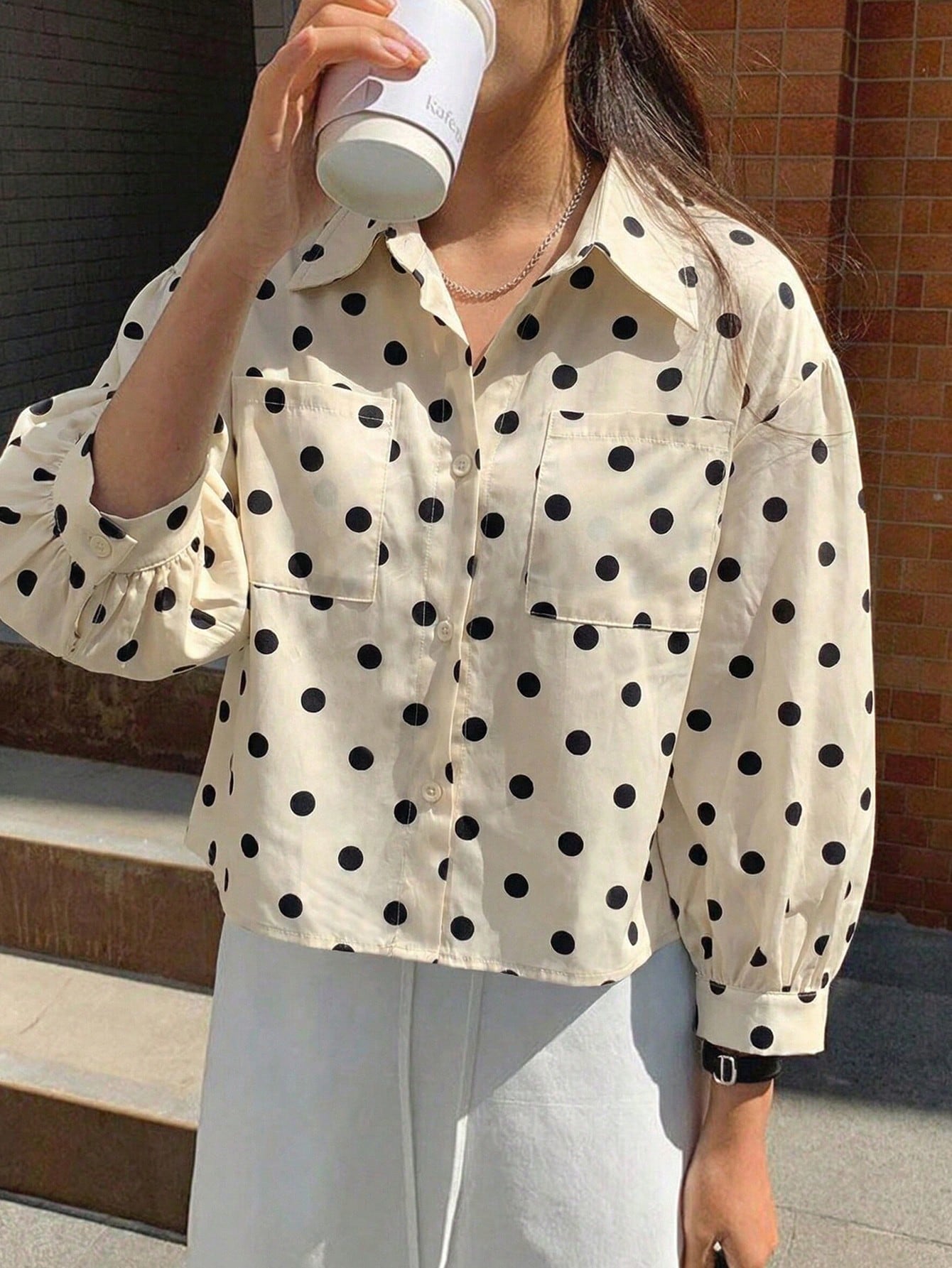 Jouncy Women's Loose Short Polka Dot Print Long Sleeve Shirt